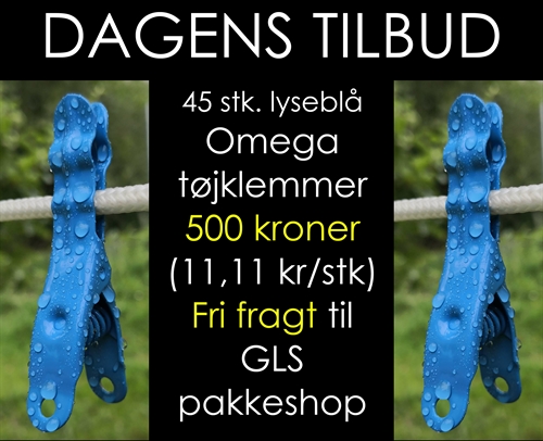 DAGENS TILBUD MED FRI FRAGT. 45 lyseblå Omega tøjklemmer for 500 kroner.
