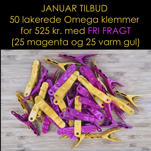 JANUAR-TILBUD MED 25% RABAT OG FRI FRAGT. 50 klemmer for 525 kroner. 25 magenta og 25 varm gul.