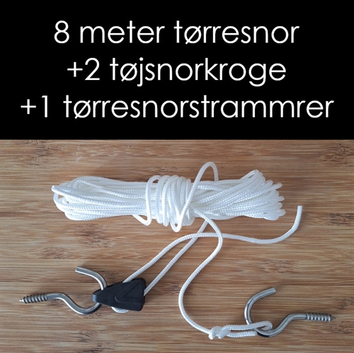 Tørresnor med "udtræk". Tøjsnor med tøjsnorkroge og tørresnorstrammer med 3 mm snor
